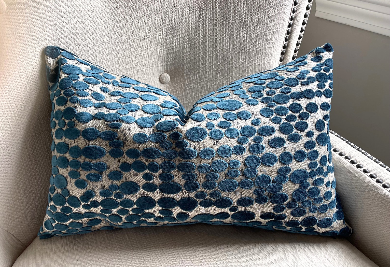 Lumbar Teal Blue Throw Pillow Cover Pillow With Cut Velvet Etsy