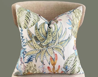 Pillow Cover with succulent design: Green, Blue, Orange Floral Cushion