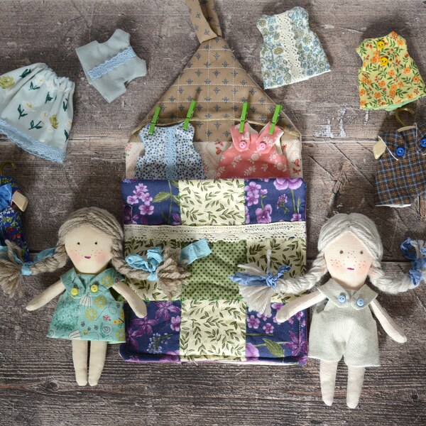 Handmade Tilda style dolls with clothes and a bed "Doll Playset"