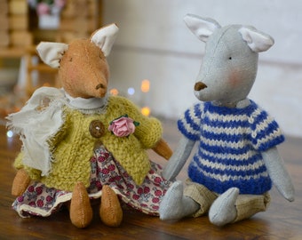 Handmade Tilda style Fox and Wolf, dollhouse character “Mr Wolf and Mrs Fox"