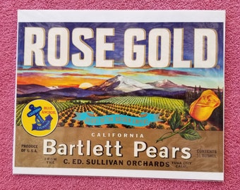 Original Vintage 1940's  Rose Gold Bartlett Pears Crate Label