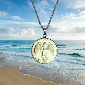 Guardian Angel Token Necklace Pendant With Stainless Steel Bezel