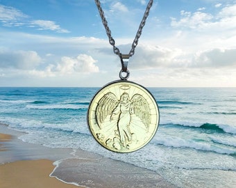 Guardian Angel Token Necklace Pendant With Stainless Steel Bezel