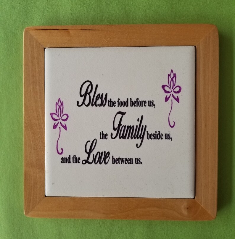 Bless The Food Before Us Laser Engraved Ceramic Tile In Wood Frame Coaster