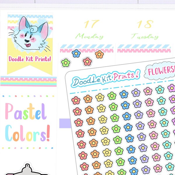 132 Tiny Pastel Rainbow Flower Stickers, Adorable Teeny Little Floral Stickers, Cute Planner or Calendar Decorating Stickers DoodleKitPrints