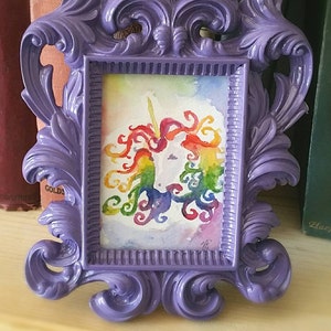 Rainbow unicorn in watercolor. Baroque style purple frame and magical rainbow maned unicorn, original watercolor 2.5x3.5 plus included frame