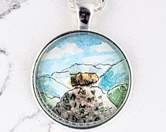 Castle Rock, Colorado watercolor hand-painted miniature illustration necklace. Castle Rock, CO landscape pendant