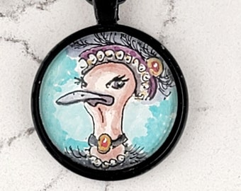 Fancy Ostrich Lady watercolor hand-painted miniature illustration necklace. One-of-a-kind unique fancy ostrich pendant