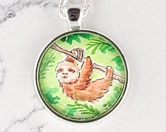 Sloth necklace, watercolor hand-painted miniature illustration necklace or keychain. Cute sloth baby one-of-a-kind pendant gift