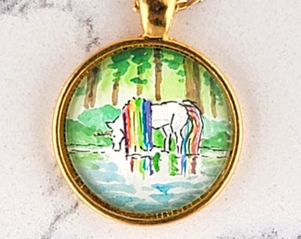 Unicorn necklace. Hand-Painted - Watercolor rainbow unicorn necklace - Unicorn gift - Rainbow unicorn in redwood forest wearable mini art