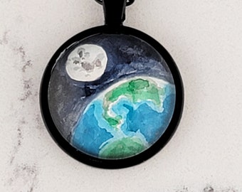 Earth and moon from space, watercolor hand-painted miniature illustration necklace. One-of-a-kind unique space pendant