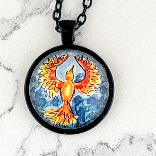 Phoenix rising from ashes watercolor hand-painted miniature illustration necklace. One-of-a-kind unique key ring or pendant