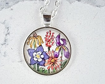 Wildflowers necklace, watercolor hand-painted miniature illustration necklace. Rocky mountain floral unique pendant