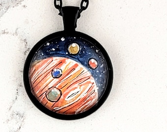 Jupiter and moons, watercolor hand-painted miniature illustration necklace. One-of-a-kind unique space pendant