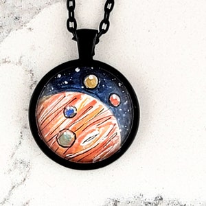 Jupiter and moons, watercolor hand-painted miniature illustration necklace. One-of-a-kind unique space pendant image 1