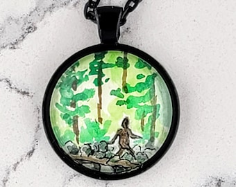 Sasquatch or Bogfoot watercolor hand-painted miniature illustration necklace. One-of-a-kind unique pacific northwest pendant