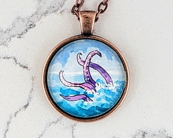 Tentacles of the Kraken necklace, watercolor hand-painted purple sea monster miniature paintin