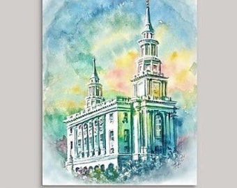 Philadelphia, PA Temple watercolor print. Canvas or Archival paper of original artwork. Float frame option, Philly, Pennsylvania LDS temple.