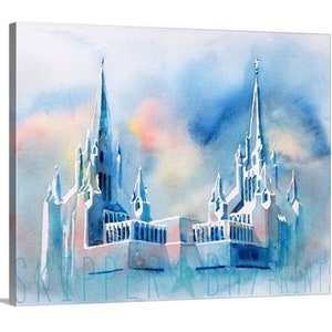 San Diego California Temple print of colorful watercolor original painting. Gallery wrapped canvas or archival Fine Art paper Giclee Print