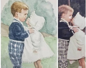 Baby painting-Baby only or with grandma, mommy, daddy, grandpa, etc. watercolor portrait from photo, painted in watercolor on fine art paper
