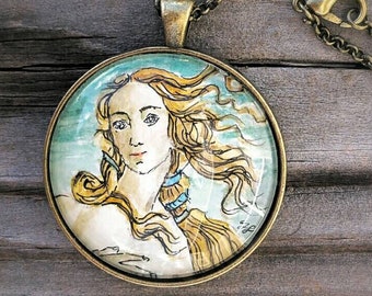 Venus painting necklace. The Birth of Venus in miniature watercolor, hand painted pendant necklace.