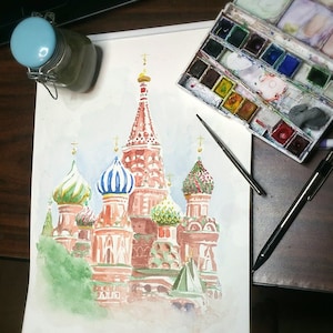 St. Basil&#39;s Cathedral Watercolor Print. Russia travel painting Fine Art Print. Red Square, Moscow Russia