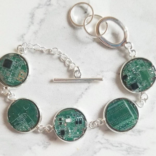 Circuit board bracelet. Upcycled repurposed motherboard, actual computer parts in resin made into beautiful bracelet, silver-plated finish.