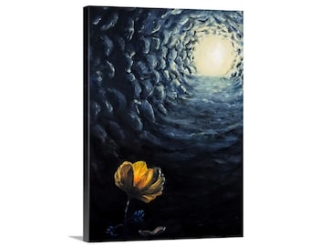 Rescue Me - orange flower reaching for light. Oil on canvas. Print of original, proceeds donated to Operation Underground Railroad