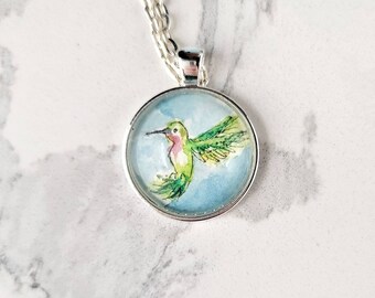 Hummingbird necklace, hand-painted in watercolor and ink. Green, red-throated Bird pendant necklace miniature painting