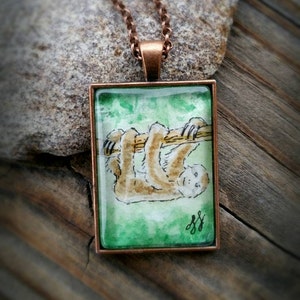 Three-Toed Sloth pendant necklace.  Sloth necklace, Hand-Painted in watercolor in vintage-style antiqued copper bezel frame.
