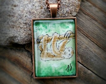 Three-Toed Sloth pendant necklace.  Sloth necklace, Hand-Painted in watercolor in vintage-style antiqued copper bezel frame.