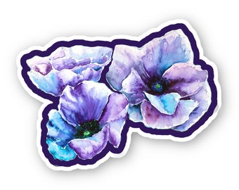 Purple poppies floral watercolor sticker, thick high-qality laminated vinyl waterproof scratch-proof decal for laptop, water bottle, etc.