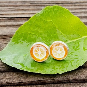 Orange Earrings. Orange fruit earrings, hand-painted in watercolor, silver-plated orange stud earrings. Wearable art, fruit earrings image 1