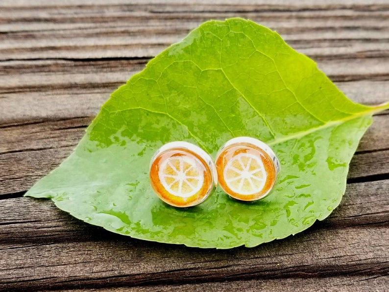 Orange Earrings. Orange fruit earrings, hand-painted in watercolor, silver-plated orange stud earrings. Wearable art, fruit earrings image 1