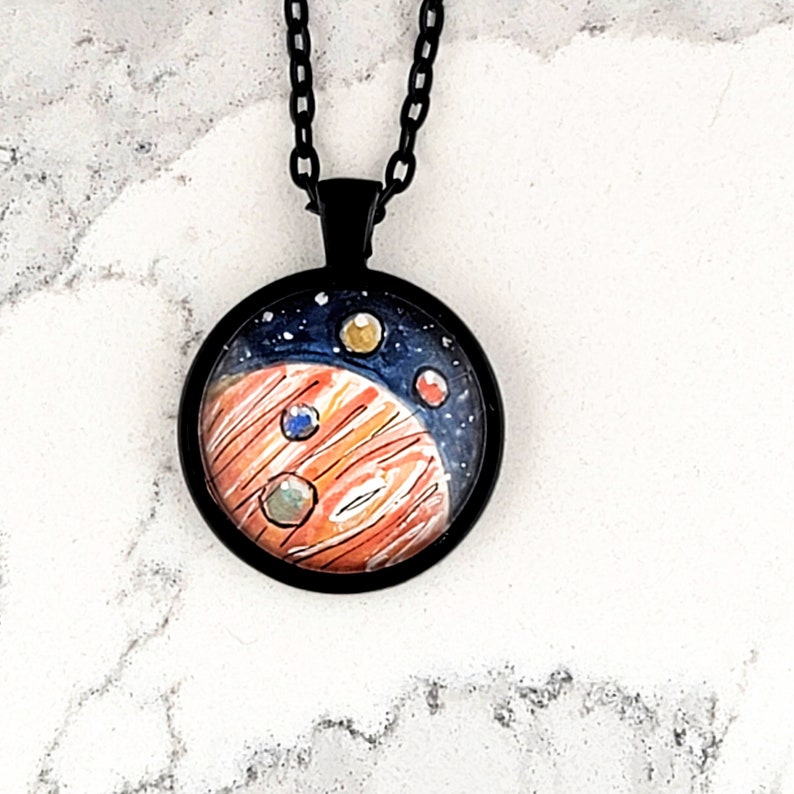 Jupiter and moons, watercolor hand-painted miniature illustration necklace. One-of-a-kind unique space pendant image 1