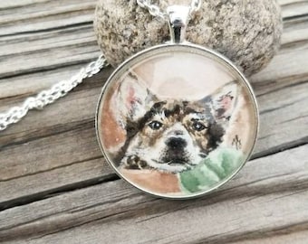 Pet portrait wearable art. Your pet in watercolor as a necklace, ornament, ring, key chain or brooch. Portion of proceeds donated to shelter