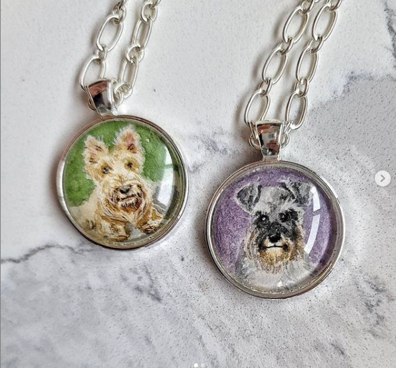 Pet portrait wearable art. Your pet in watercolor as a necklace, ornament, ring, key chain or brooch. Portion of proceeds donated to shelter image 2