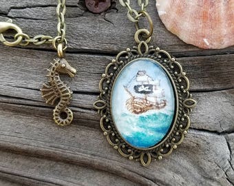 Ship necklace, hand painted ship miniature art necklace, watercolor and ink wearable art. Pirate  cosplay costume, gift or everyday!