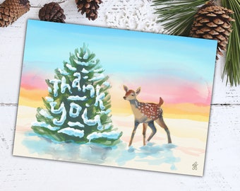 Winter Deer Thank You Cards for Christmas, Hanukkah, Winter Holidays. Watercolor style cute baby deer and snow on evergreen tree at sunrise