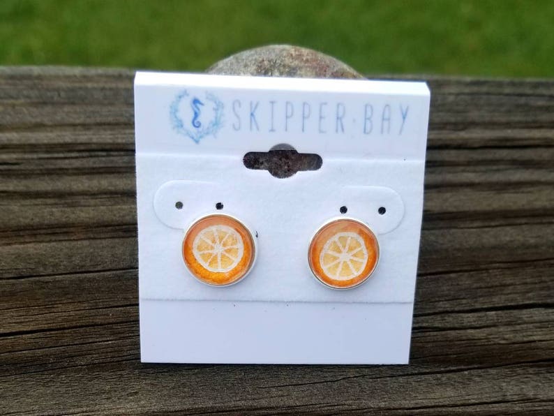 Orange Earrings. Orange fruit earrings, hand-painted in watercolor, silver-plated orange stud earrings. Wearable art, fruit earrings image 3