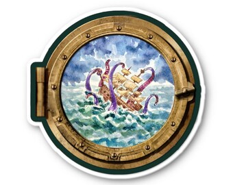 Kraken through a porthole attacking a ship sticker, print of watercolor painting, Quality laminated vinyl waterproof scratch-proof decal