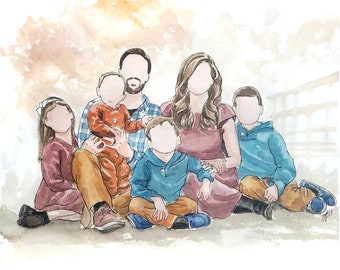 Faceless Family portrait or Group Photo painting. Watercolor original art painted by hand from your photograph or from several photos