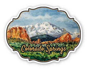 Colorado Springs, CO fine art vintage-look sticker. Pikes Peak and Garden of the Gods laminated vinyl waterproof scratch-proof decal.