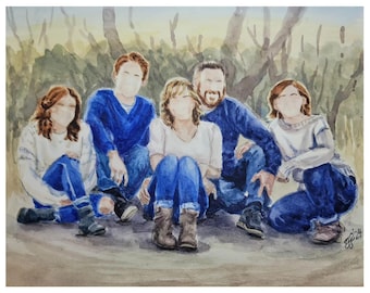 Faceless Family portrait or Group Photo painting. Watercolor original art painted by hand from your photograph or from several photos