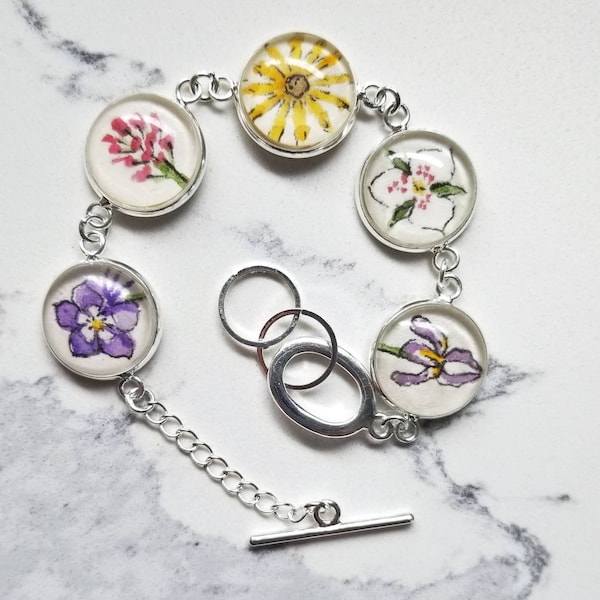 Wildflower bracelet. Colorado wildflowers necklace or bracelet. hand painted. Columbine, sego lily, iris, paintbrush and black Eyed Susan.