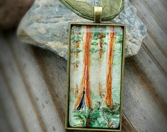 Redwood Tree necklace. Giant Sequoia Miniature Painting  Wearable art,  California / Pacific Northwest jewery, Watercolor art mini