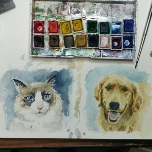 Pet Portrait in Watercolor. Dog, cat, horse, parrot, snake, turtle, ferret, bunny, pig, etc. painting hand-painted from photo, Free Shipping image 2