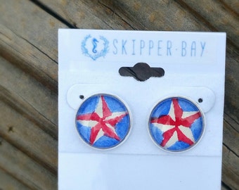 Independence Day star earrings,  Hand-painted 4th of July watercolor Americana stars, red white and blue silver plated stud earrings.