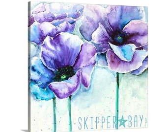 Poppies Watercolor Painting Print. Purple poppies floral wall decor, square, canvas wrap or archival paper print from original painting