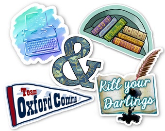 Writer Sticker Pack. 5 writing stickers for authors. Ampersand, So Many Books, So Little Time, Kill Your Darlings, Typwriter, Oxford Comma.